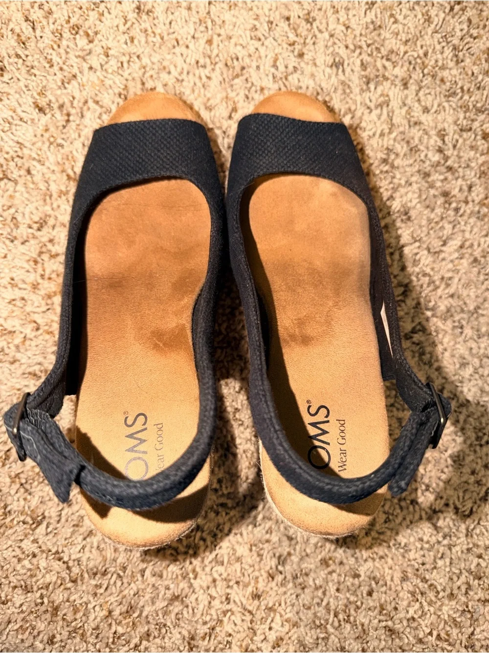 TOMS Black Open-Toe Espadrille Wedge Slingbacks